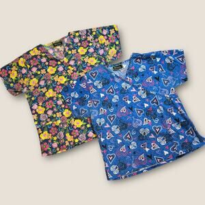 Bonita Scrubs Womens XL Scrub Top Bundle 2pc Floral Heart Print V-Neck W12